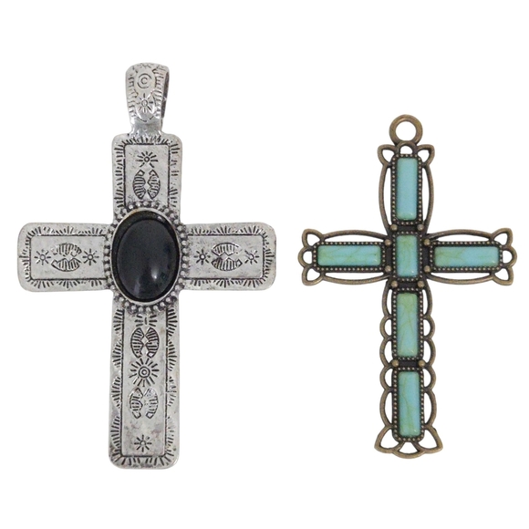 Large Christian Cross Turquoise Black Silver Pendants for Necklaces (Set of 2) - Picture 1 of 7
